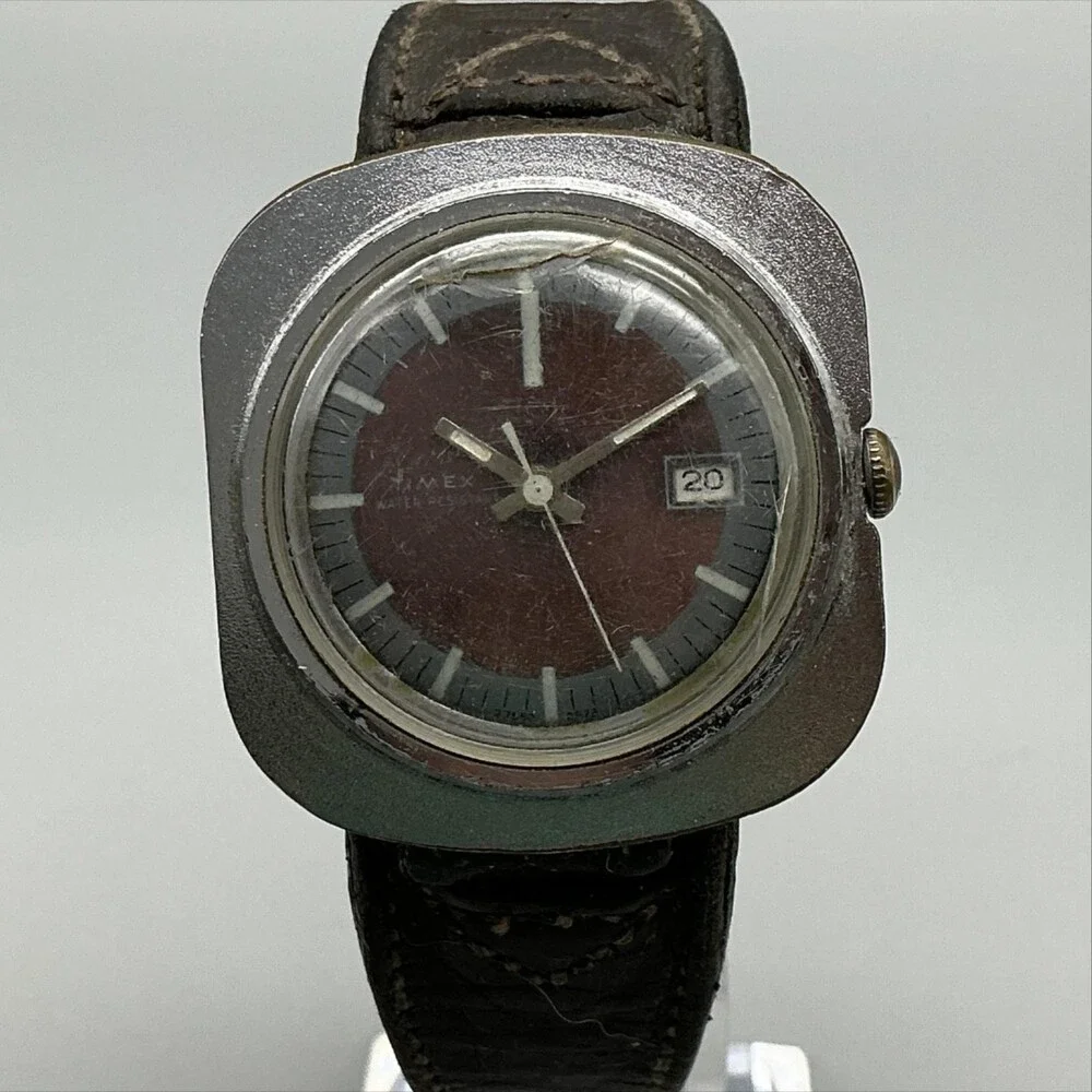 Timex Mariln UFO Mens Watch 36mm Brown Dial Date Leather Manual Wind For Parts